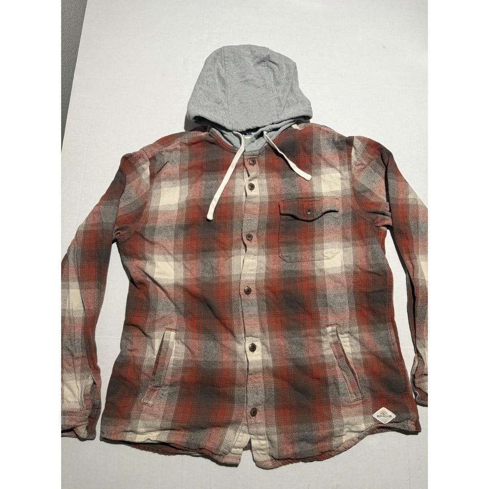 quiksilver orange/grey‎ thick flannel ls button up jacket w/hood, men's xl